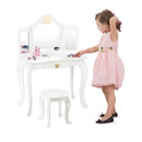 Kids vanity table set in white with tri-folding mirror and drawer, perfect for little girls' makeup and playtime.