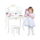 Kids vanity table set in white with tri-folding mirror, drawer, and a child playing, perfect for imaginative play.