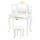 Elegant white kids vanity table with tri-folding mirror and spacious drawer, perfect for storing beauty essentials.