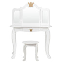 Elegant white kids vanity chair with curved legs, designed for comfort and style in girls' rooms or play areas.