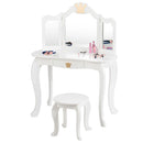 White kids vanity set featuring a tri-folding mirror and spacious drawer, designed for playtime and elegance in girls'.