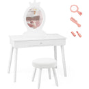 White vanity makeup table set with real mirror and drawer, designed for little girls, includes stool for comfortable.