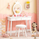 White vanity makeup table set for little girls with real mirror, large drawer, and comfortable stool for safe play.