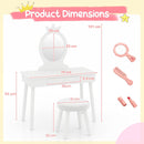 Vanity makeup table set dimensions with real mirror, sturdy white MDF, perfect for little girls' playtime.