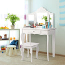 Kids dressing table set in white with removable triple-fold mirror and storage drawer, perfect for ages 3-7.