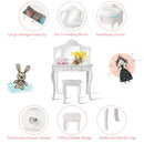 Kids dressing table set in white with a tri-fold mirror, sturdy legs, and large storage drawers for ages 3-7.