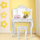 Kids dressing table set in white with a triple-fold mirror and stool, perfect for ages 3-7, ideal for play and.