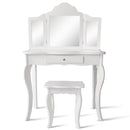 Kids dressing table set in white with removable triple-fold mirror and stool, made of pine wood and MDF for ages 3-7.