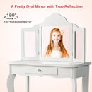 Kids dressing table set in white with a triple-fold mirror, ideal for ages 3-7, featuring drawers for storage.