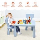 Kids table and 2 chairs set in blue, perfect for reading and drawing, featuring round edges for safety and comfort.