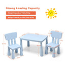 Kids table and 2 chairs set in light blue, perfect for reading and drawing, with ergonomic design for comfort.