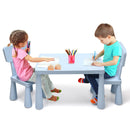 Kids table and 2 chairs set in blue, perfect for drawing and homework, featuring round edges for safety and comfort.