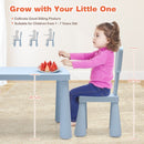 Kids table and 2 chairs set in blue, designed for ages 1-7, promoting good posture and comfort for reading and drawing.