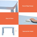 Kids table and 2 chairs set with round edge design, easy to clean surface, and appropriate height for comfort.