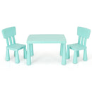 Kids table set in green with 2 ergonomic chairs, perfect for reading, drawing, and snack time.