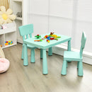 Kids table set with 2 ergonomic chairs in green, perfect for reading, drawing, and snack time in a cozy space.