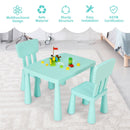Kids table set in green with 2 chairs, perfect for reading and drawing, featuring a safe, sturdy design for comfort.