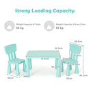 Kids table set with 2 green chairs, featuring a spacious tabletop and ergonomic design for comfortable use.