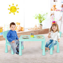 Kids table set in green with 2 chairs, perfect for drawing and homework, featuring round edges for safety.