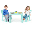 Kids table set with 2 chairs in green, perfect for reading and drawing, featuring round edges for safety.