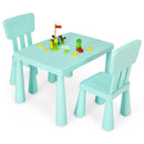 Kids table set in green with 2 chairs, perfect for drawing, homework, and snacks, featuring round edges for safety.