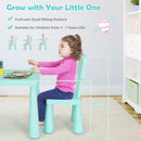 Kids table set with 2 green chairs, ergonomic design for comfort, ideal for reading and drawing activities.