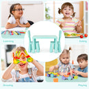 Kids table set with 2 green chairs for reading, drawing, and eating, featuring a spacious tabletop and round edges for.