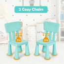 Two cozy green chairs from a kids' furniture set, designed for comfort and stability, perfect for reading and drawing.