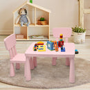 Kids table set in pink with 2 chairs, perfect for reading, drawing, and snacks, featuring a spacious tabletop and round.