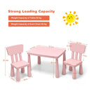 Kids table set in pink with 1 table and 2 chairs, perfect for reading and drawing, featuring round edges for safety.