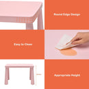 Kids table set in pink with round edge design, easy to clean, and appropriate height for comfortable seating.
