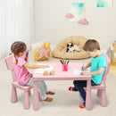Kids table set in pink with two chairs, perfect for drawing and homework, featuring round edges for safety.