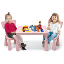 Kids table set in pink with two chairs, perfect for drawing, homework, and snack time, featuring a spacious tabletop.