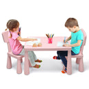 Kids table set in pink with 2 chairs, perfect for drawing and homework, featuring round edges for safety.