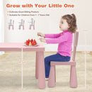 Kids table set with 2 pink chairs, ergonomic design for comfort, perfect for reading and drawing activities.