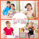 Kids table set with 2 pink chairs for reading, drawing, and eating, featuring a spacious tabletop and ergonomic design.