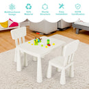 Kids table set with 2 chairs in white, perfect for reading and drawing, featuring a sturdy structure and safe design.