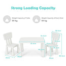 Kids table set with 2 chairs in white, featuring a spacious tabletop and ergonomic design for comfort and safety.
