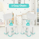 Two cozy white chairs from a kids' table set, designed for comfort and safety, perfect for reading and drawing.