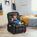 Kids PU leather recliner in black with cup holders, featuring adjustable backrest for comfort and stability.