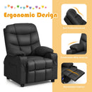 Black PU leather kids recliner with cup holder, ergonomic design, adjustable backrest, and padded seat for comfort.