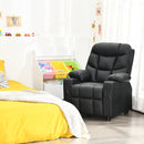 Black PU leather kids recliner with cup holder, featuring ergonomic design and adjustable backrest for comfort.