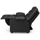 Side view of a black PU leather kids recliner with cup holder, featuring adjustable backrest for comfort.