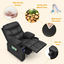 Black PU leather kids recliner with cup holder, solid wood frame, high-density sponge for comfort and stability.