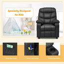 Kids PU leather recliner in black with cup holder, featuring ergonomic design and adjustable backrest for comfort.