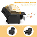 Kids recliner in black PU leather with cup holder, adjustable from 90° to 130°, perfect for reading and resting.