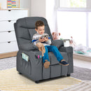 Kids PU leather recliner in grey with cup holder, featuring adjustable backrest and comfortable sponge padding.