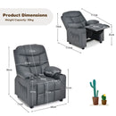 Kids grey PU leather recliner with cup holder, adjustable backrest, and solid wood frame for comfort and durability.