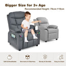 Kids PU leather recliner in grey with cup holder and footrest, adjustable backrest for comfort and durability.