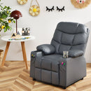 Kids grey PU leather recliner with cup holder and footrest, featuring ergonomic design and adjustable backrest for.